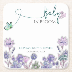 Baby in bloei Baby shower Paarse bloem Vierkante Kartonnen Onderzetter