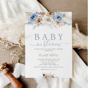 baby in bloei boho floraal stoffig blauw baby show kaart