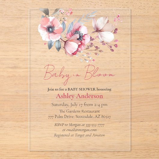 Baby in bloei, douche uitnodigen acryl uitnodiging acryl uitnodigingen (Voorkant)