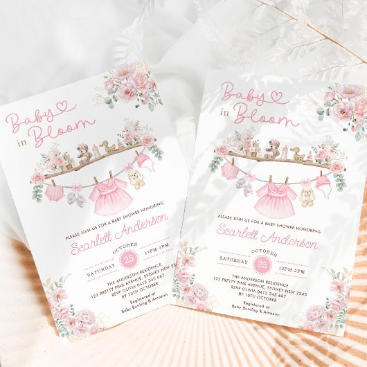 Baby in bloei roze bloemenmeisje babykleding douch kaart