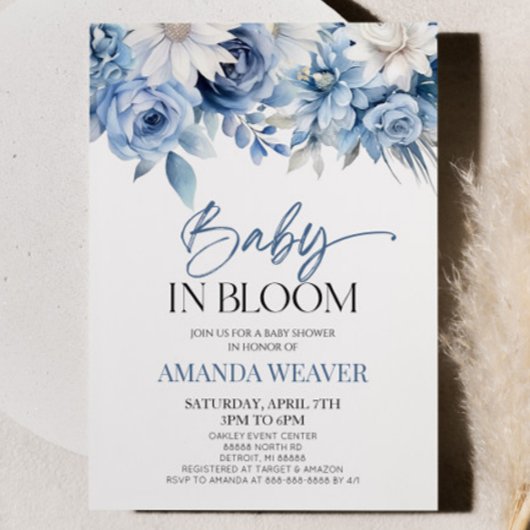 Baby in bloei stoffig blauw bloembloem Baby shower Kaart