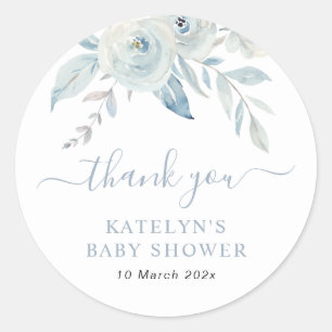 baby in bloei stoffig blauw bloemig baby shower ronde sticker