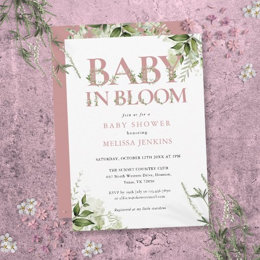 Baby in bloei stoffig Roos roze groen Baby shower Kaart