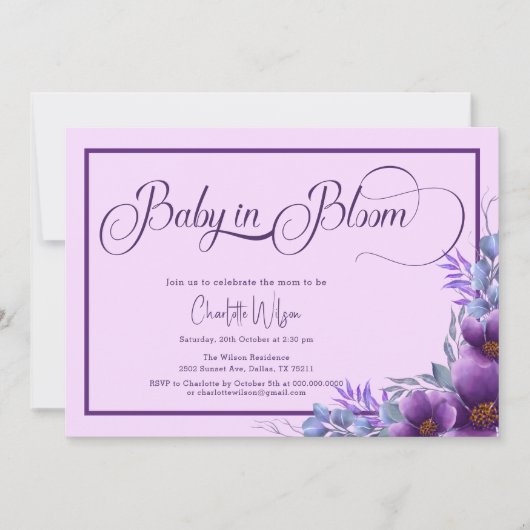 Baby in bloei Waterverf Paarse bloem Baby shower Kaart (Voorkant)