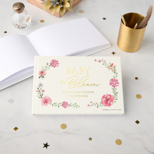 Baby in bloei Waterverf wilde bloemen roze goud Gastenboek (Voorkant open)