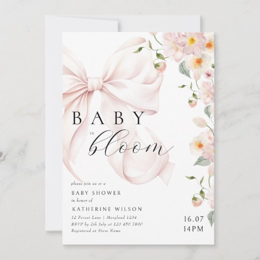 Baby in bloei zacht roze boog Baby shower uitnodig Kaart (Voorkant)