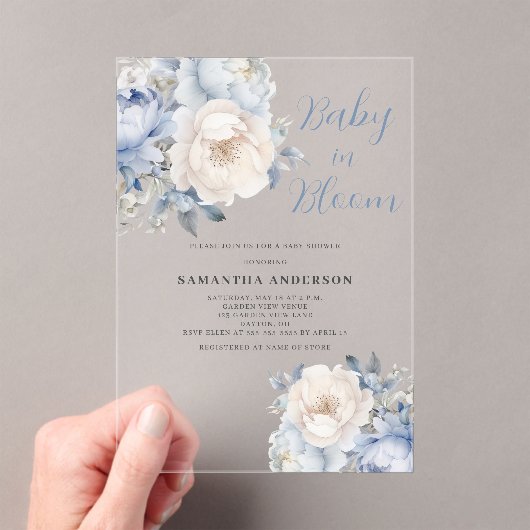 Baby in bloesem blauw bloemenjongen Baby shower Acryl Uitnodigingen (Insitu (Draagbaar))