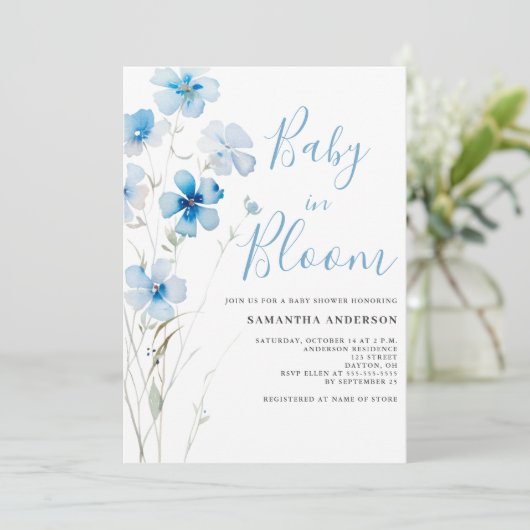 Baby In Bloom Blauw Bloemen Jongen Douche Uitnodig Kaart (Staand voorkant)
