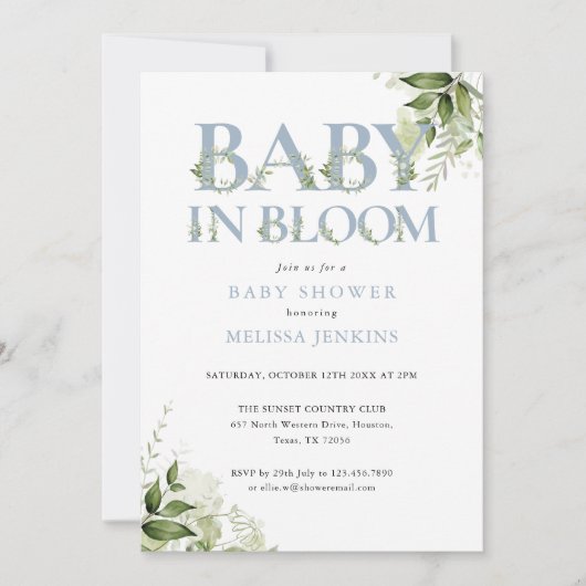 Baby In Bloom Blauw Groene All In One Baby Shower Kaart (Voorkant)