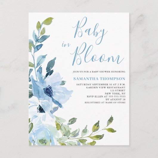 Baby In Bloom Blauwe Bloemige Baby Shower Briefkaart (Voorkant)