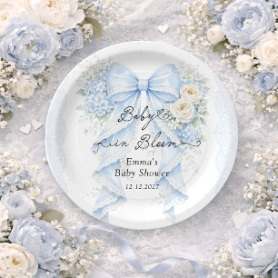 Baby in Bloom Blauwe Strik Baby Shower Papieren Bordje