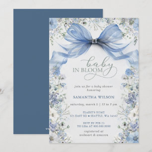 Baby in Bloom Blue Bow Floral Boy Baby shower Kaart