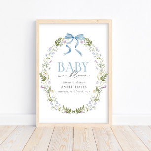 Baby in Bloom Blue Spring Floral Bow Baby shower Poster