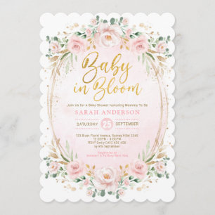 Baby in Bloom Blush Gold Pink Floral Girl Shower Kaart