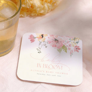 Baby in Bloom Blush Roze Boho Meisje Baby Shower Vierkante Kartonnen Onderzetter