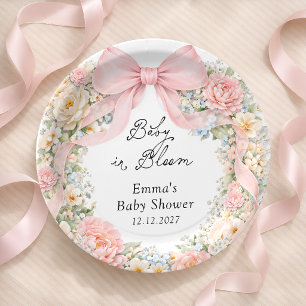 Baby in Bloom Blush Roze Strik Bloemige Baby Showe Papieren Bordje