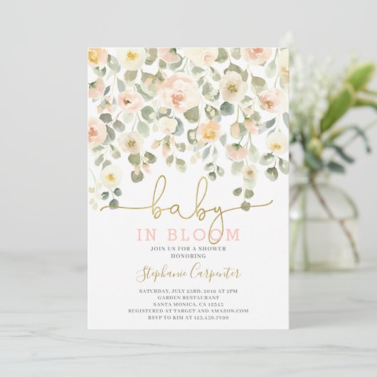 Baby in Bloom blush uitnodiging (Staand voorkant)