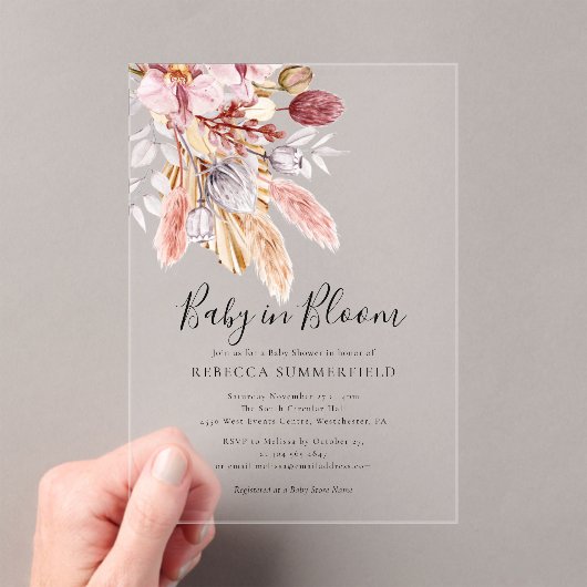Baby in Bloom Boho Pampas Grass Shower Acryl Uitnodigingen (Insitu (Draagbaar))