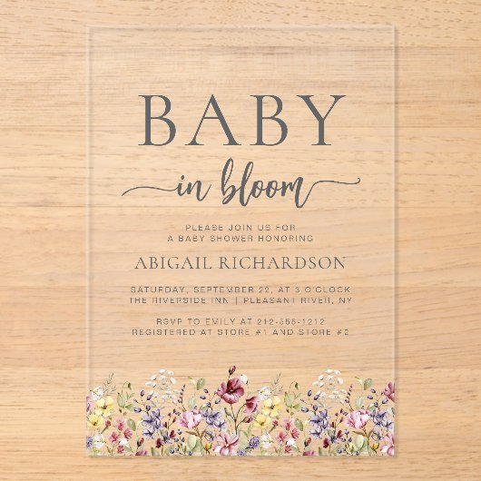 Baby in Bloom Boho Wildflowers Baby shower Acryl Uitnodigingen (Voorkant)
