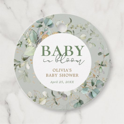 Baby in Bloom Botanische Eucalyptus Baby shower Bedankjes Labels (Voorkant)