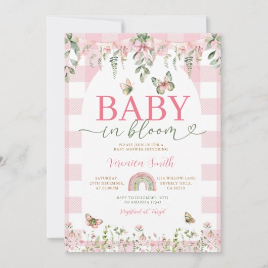 Baby in Bloom Butterfly Pink Bow Baby Shower Kaart (Voorkant)