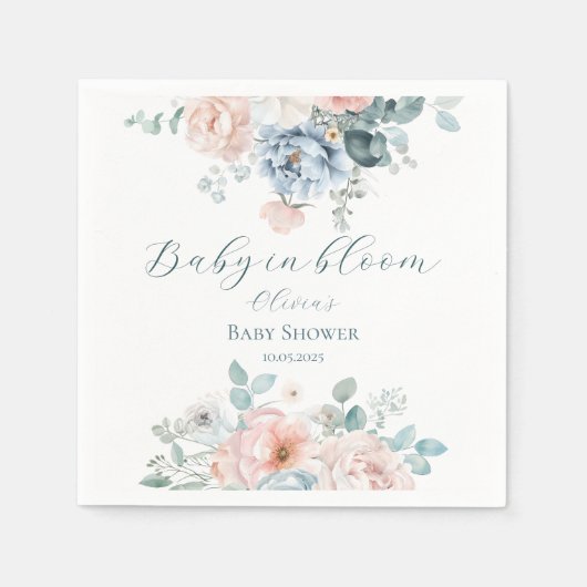 Baby in Bloom Dusty Blue Blush Peony Baby shower Servet (Voorkant)
