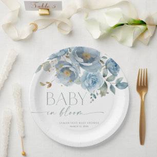 Baby in Bloom Dusty blue floral boy baby shower Papieren Bordje