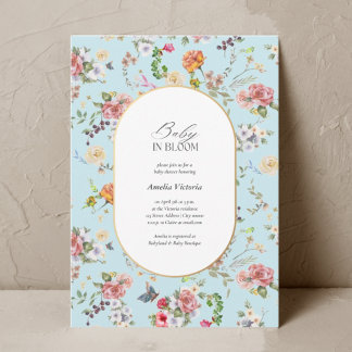 Baby in Bloom Elegant Blauw Waterverf Baby shower Kaart