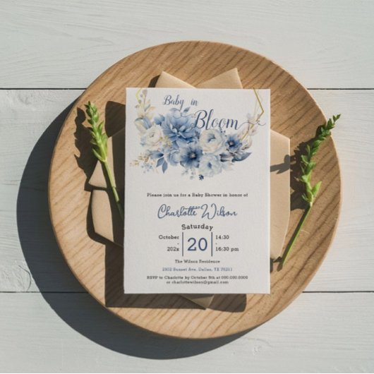 Baby in Bloom Elegant Blauwe Bloemen Baby shower Kaart