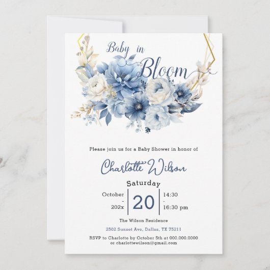 Baby in Bloom Elegant Blauwe Bloemen Baby shower Kaart (Voorkant)