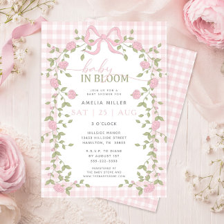 Baby in Bloom Floral Pink Gingham Baby Shower Kaart