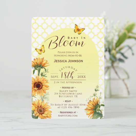 Baby in Bloom Gele Zonnebloem Babyfeestje Kaart (Staand voorkant)