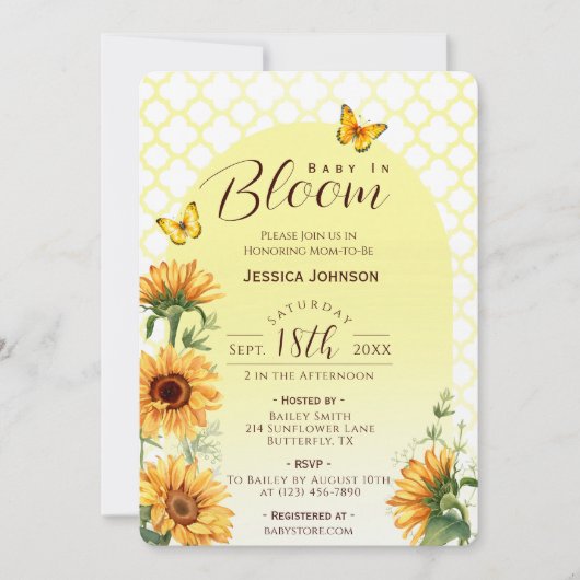 Baby in Bloom Gele Zonnebloem Babyfeestje Kaart (Voorkant)