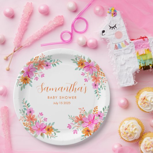 Baby in Bloom heldere zomerse bloemendouche Papieren Bordje (Feest)