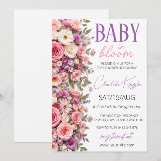 Baby in Bloom Invitation, Wildflower Baby shower Kaart (Voorkant / Achterkant)
