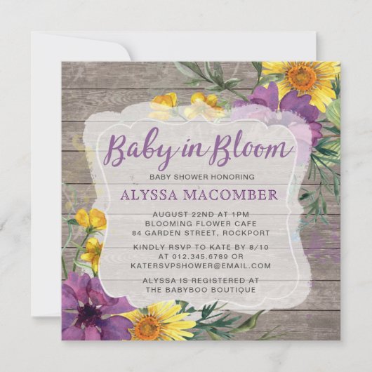 Baby in Bloom Jaune Purple Baby shower Invitation (Devant)