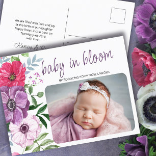 Baby in Bloom Paarse Roze Bloemen Foto Geboorte Aankondigingskaart