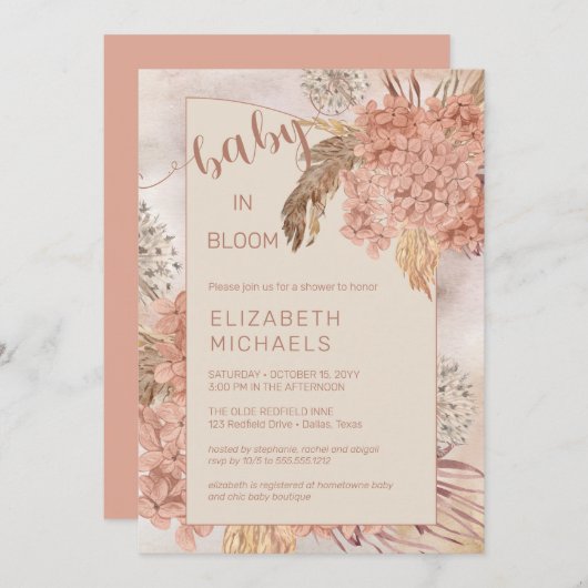 Baby in Bloom Pampas Grass en Hydrangeas Shower Kaart (Voorkant / Achterkant)