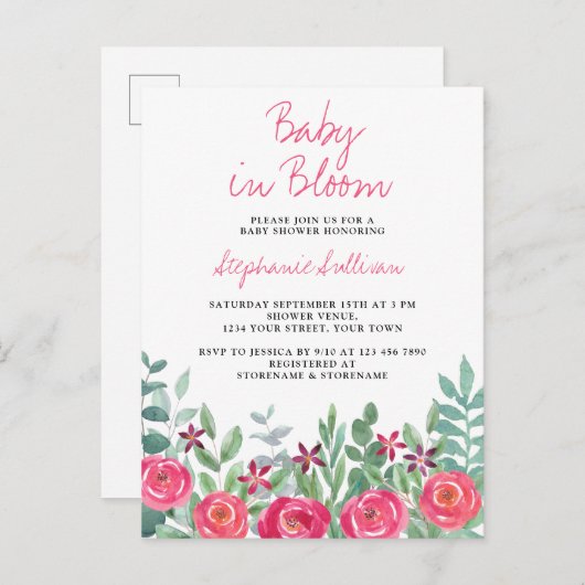 Baby in Bloom Pink Baby shower Invitation Briefkaa Uitnodiging Briefkaart (Voorkant / Achterkant)