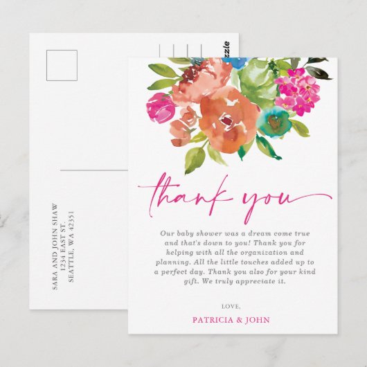 Baby in Bloom Pink Floral Baby shower Dank u Briefkaart (Voorkant / Achterkant)