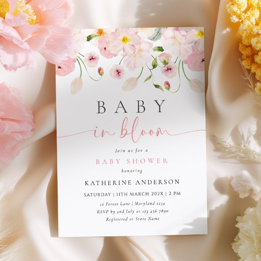 Baby In Bloom Pink Floral Baby Shower Invitation