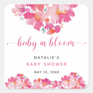 Baby in Bloom Pink Floral Baby shower Waterverf Vierkante Sticker