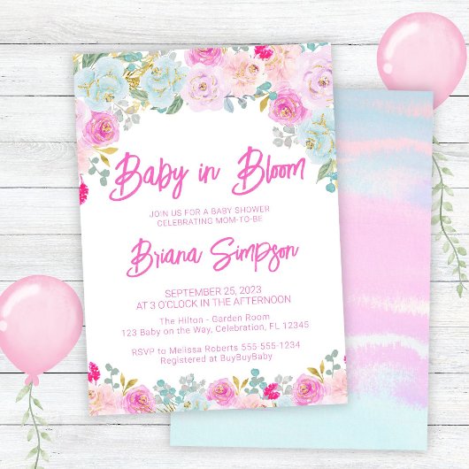 Baby in Bloom Roze Blauwe Perzik Floral Baby showe Kaart
