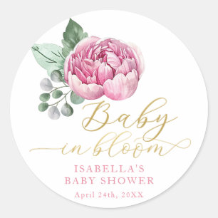 Baby in Bloom Roze en Gouden Bloemen Baby shower F Ronde Sticker