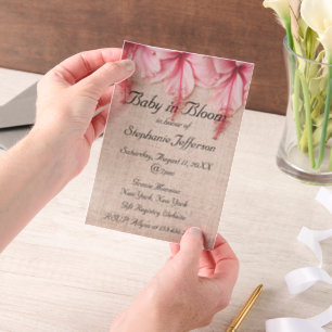 Baby in Bloom Roze Linnen Bloemen Baby shower Vellum Uitnodigingen