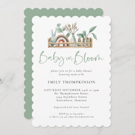 Baby In Bloom Sage Boho Toys Douche Invitation (Devant / Derrière)