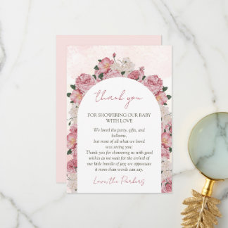Baby in Bloom Script Pink Floral Baby Girl Shower Bedankkaart