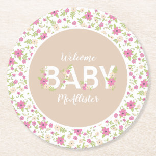 Baby in Bloom Shower Pink  Flowers Girl Ronde Kartonnen Onderzetter