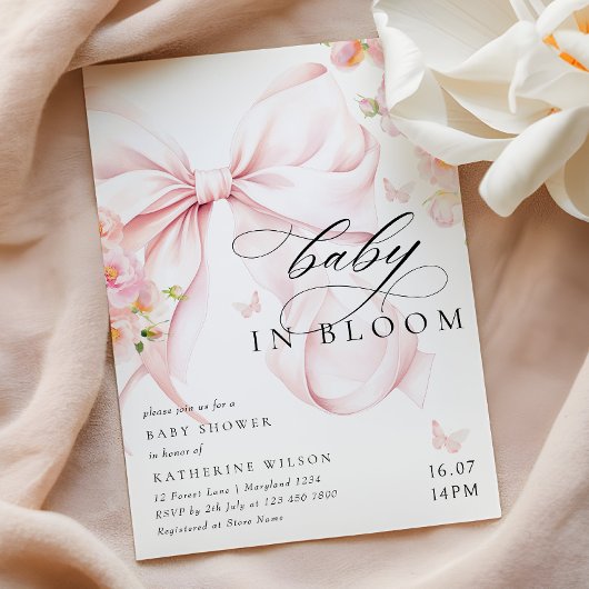 Baby In Bloom Soft Pink Bow Baby Shower Invitation