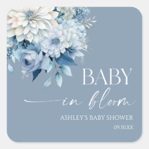 Baby In Bloom Stofblauw Bloemachtige Baby Shower Vierkante Sticker